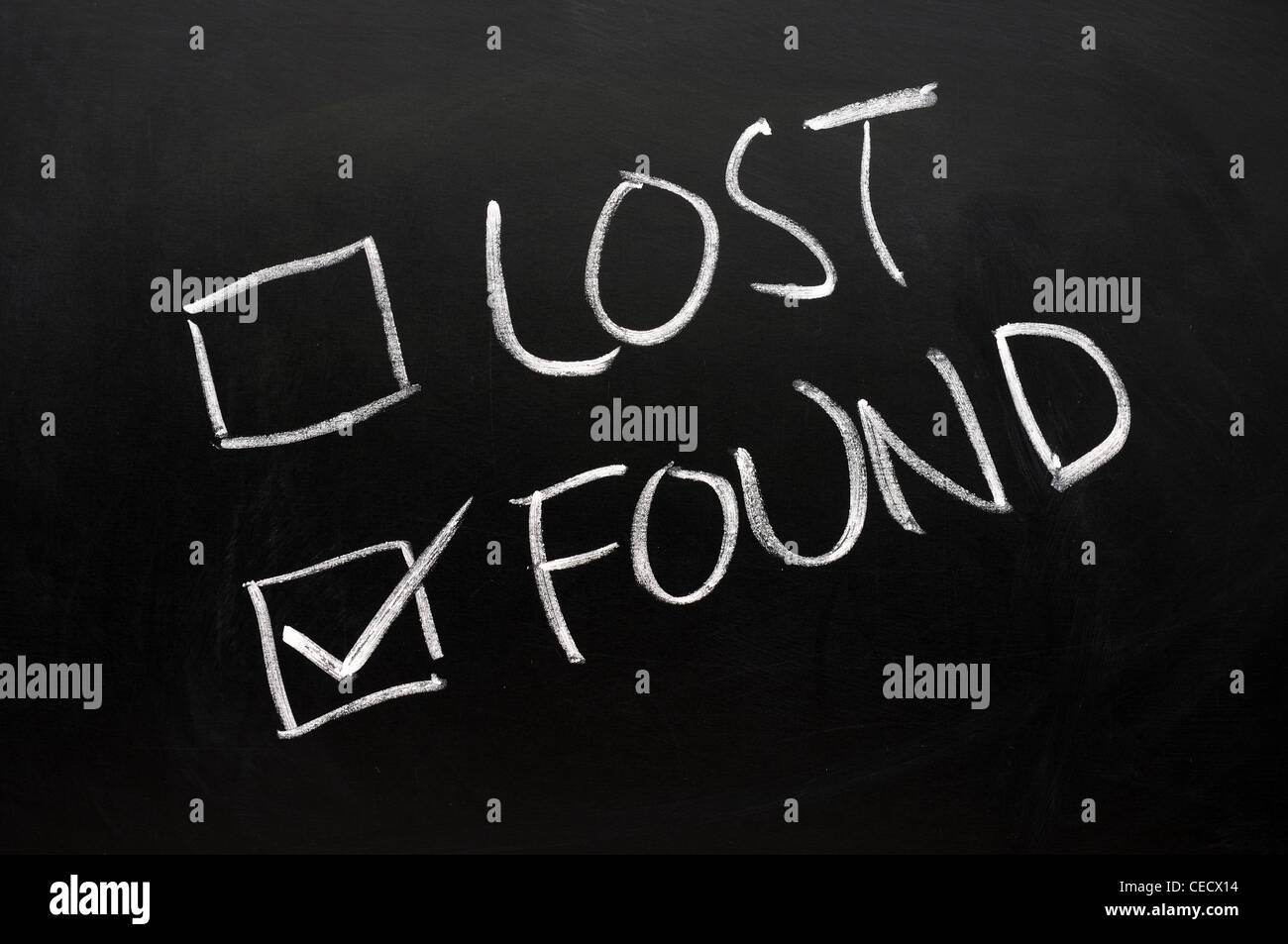 lost found discovery background check box concept blackboard black chalkboard blank empty write space board copy chalk white Stock Photo