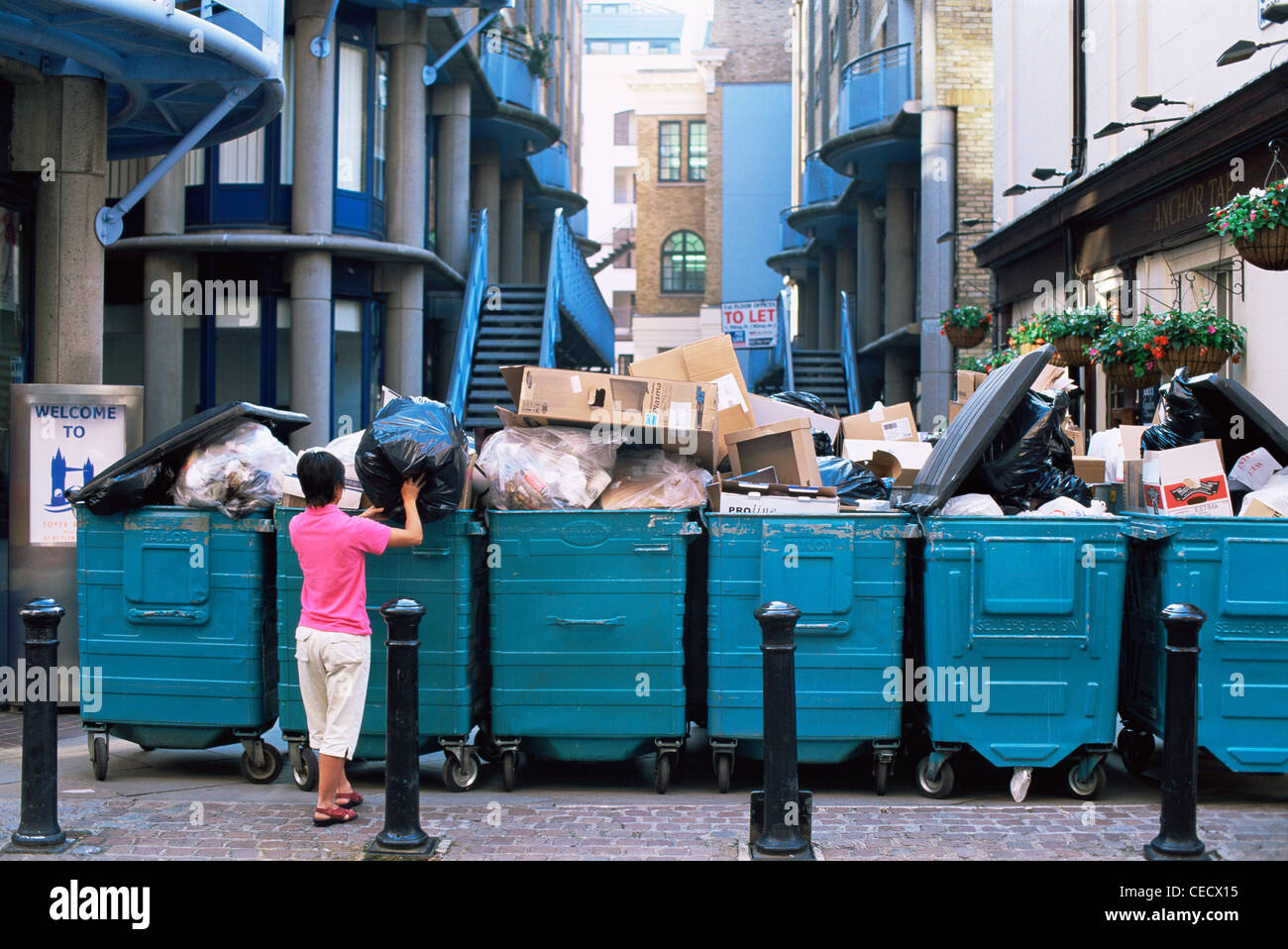 England, London, Overflowing Rubbish Collection Bins Stock Photo Alamy
