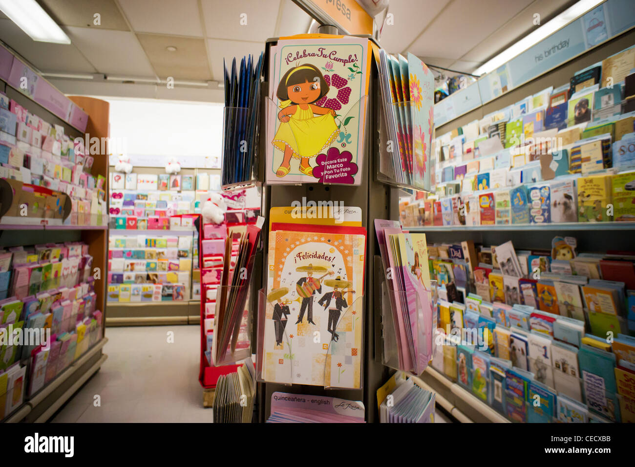 Spanish language greeting cards are seen in a a display in a store in New York Stock Photo