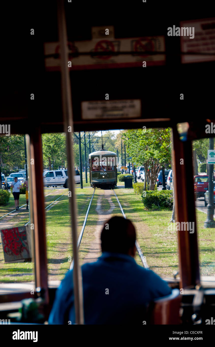 A tram driver in a New Orleans Street car Stock Photo