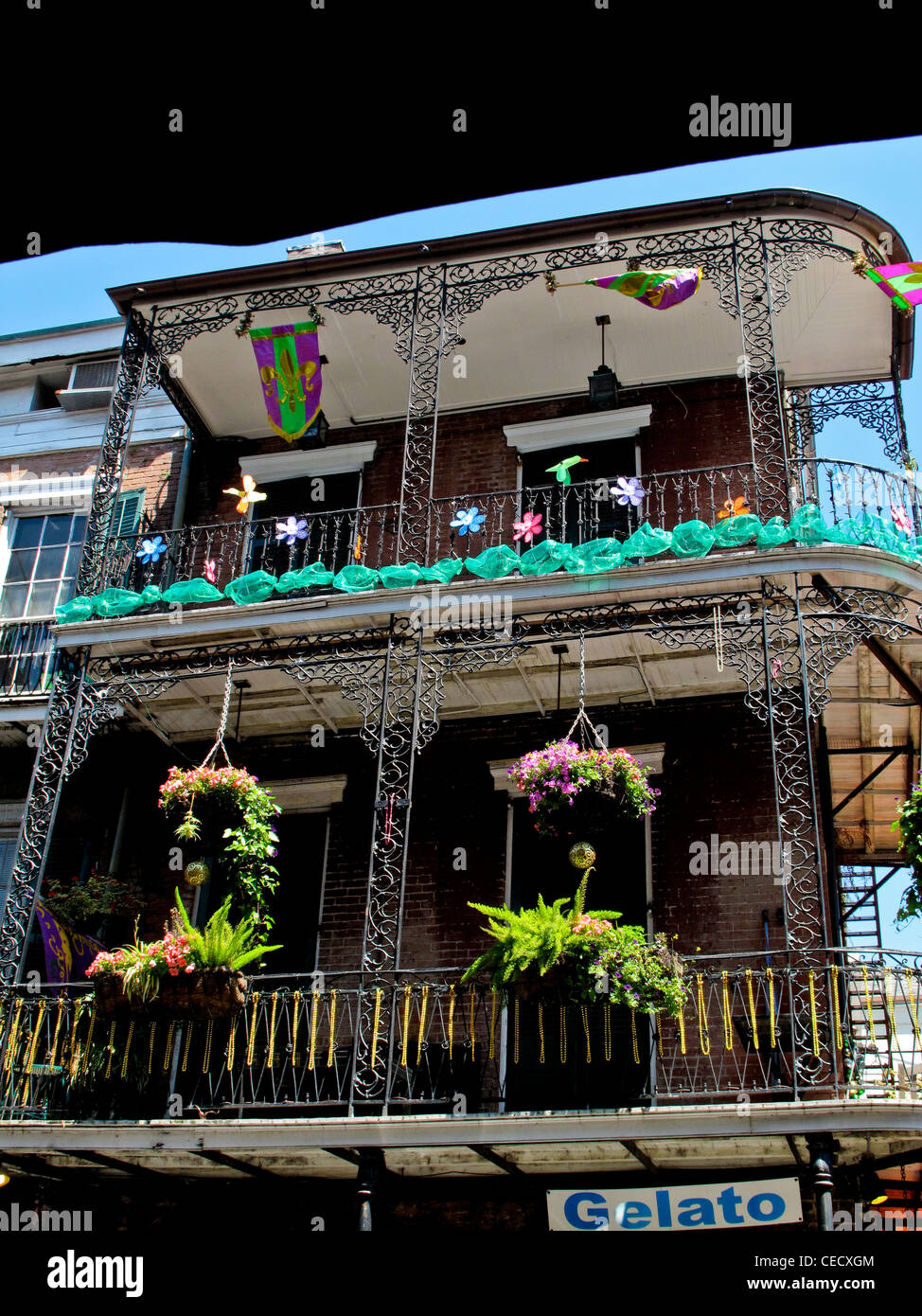 Wrought iron balconies lining the narrow streets of New Orleans French