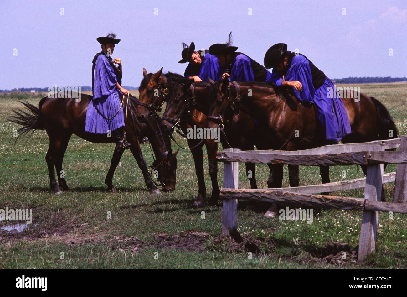 Csikos mounted horse-herdsmen in traditional attire siting on Nonius Hungarian horse breed in the vast Hungarian Plain called the Puszta of Hortobagy National Park near Debrecen Eastern Hungary Stock Photo