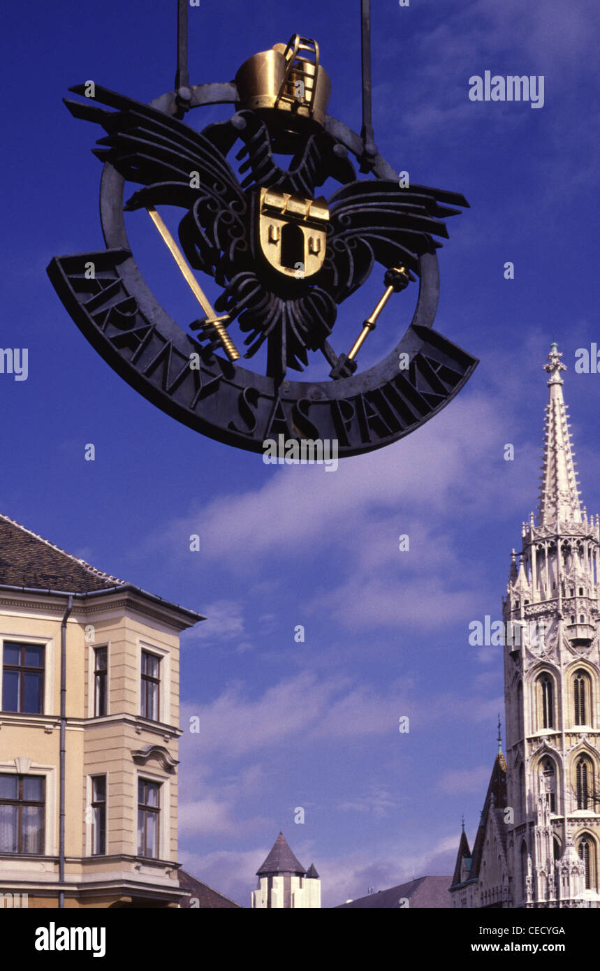 Medieval wrought iron shop sign of the Golden Eagle Pharmacy Museum in the Castle District Budapest Hungary Stock Photo