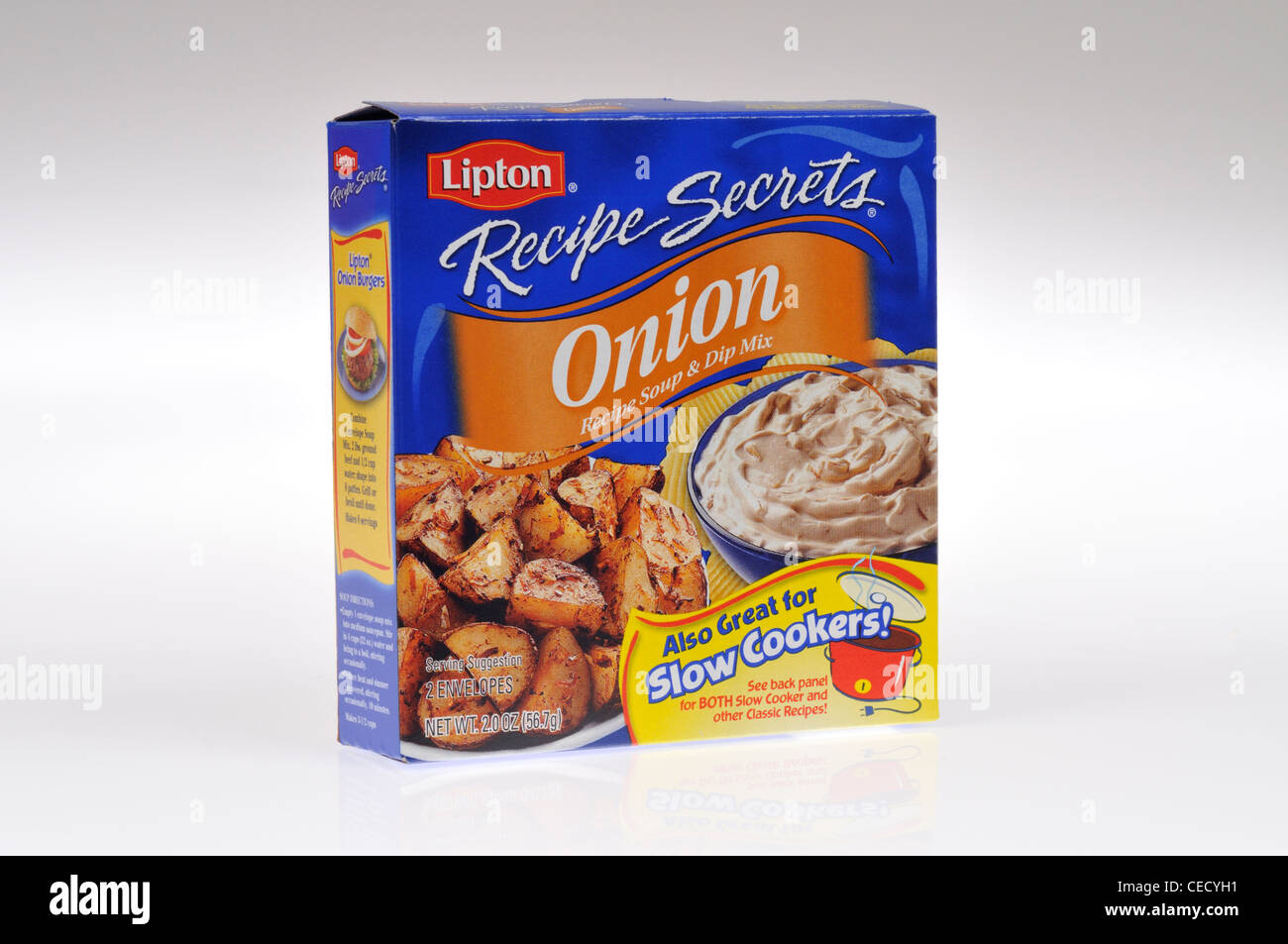 Box of Lipton instant onion soup and dip mix on white background cutout