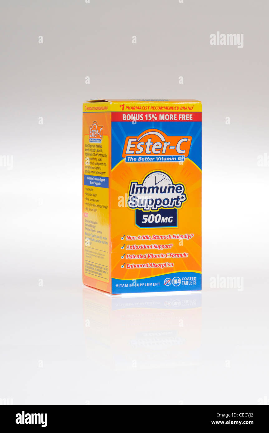 Box of Vitamin C Ester C on white background cutout Stock Photo