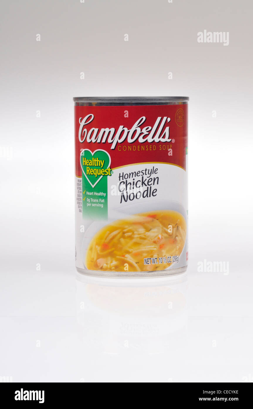Unopened can or tin of Campbells Healthy Request Homestyle Chicken Noodle soup on white background isolate USA. Stock Photo