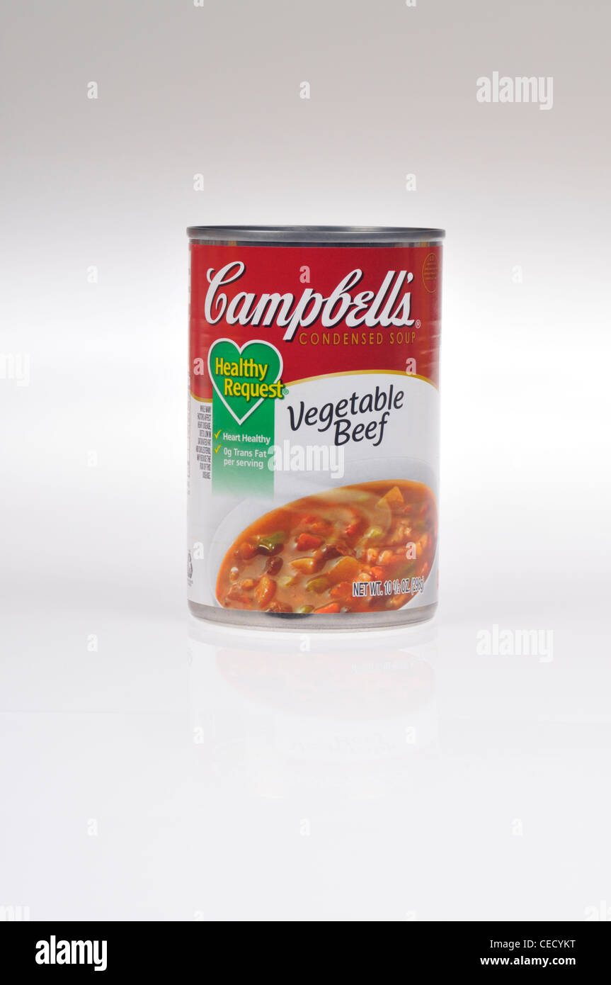 Unopened can of Campbells Healthy Request vegetable beef soup on white background isolate USA. Stock Photo