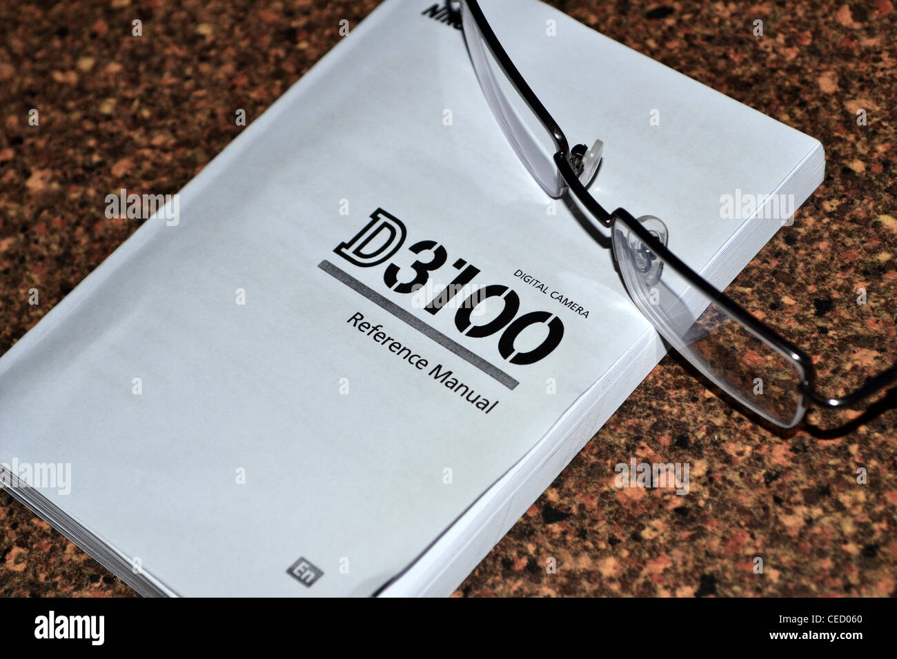 nikon D3100 manual with glasses Stock Photo