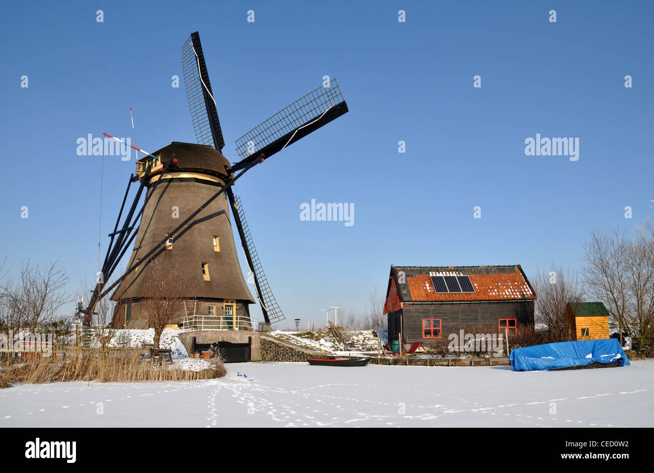 Dutch windmill in winter, Kinderdijk, Holland, Netherlands, Europe Stock Photo