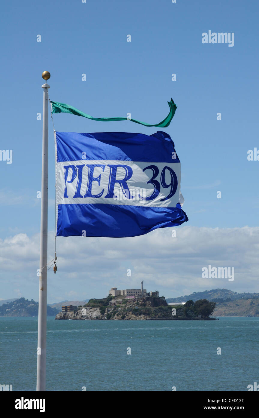 Pier Flag Pier 39 flag and Alcatraz Island, San Francisco Bay, California, USA ...