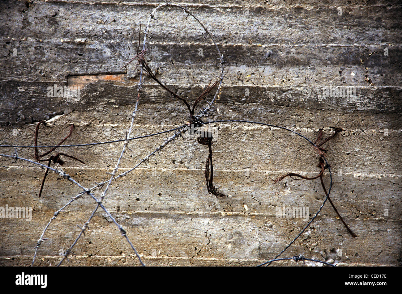 Detail of concrete fence wall with barbed wires East Jerusalem Israel Stock Photo