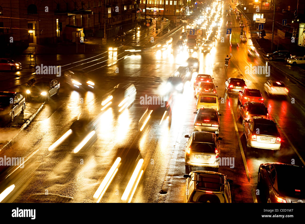 Night traffic on Podol quay in Kiev Stock Photo