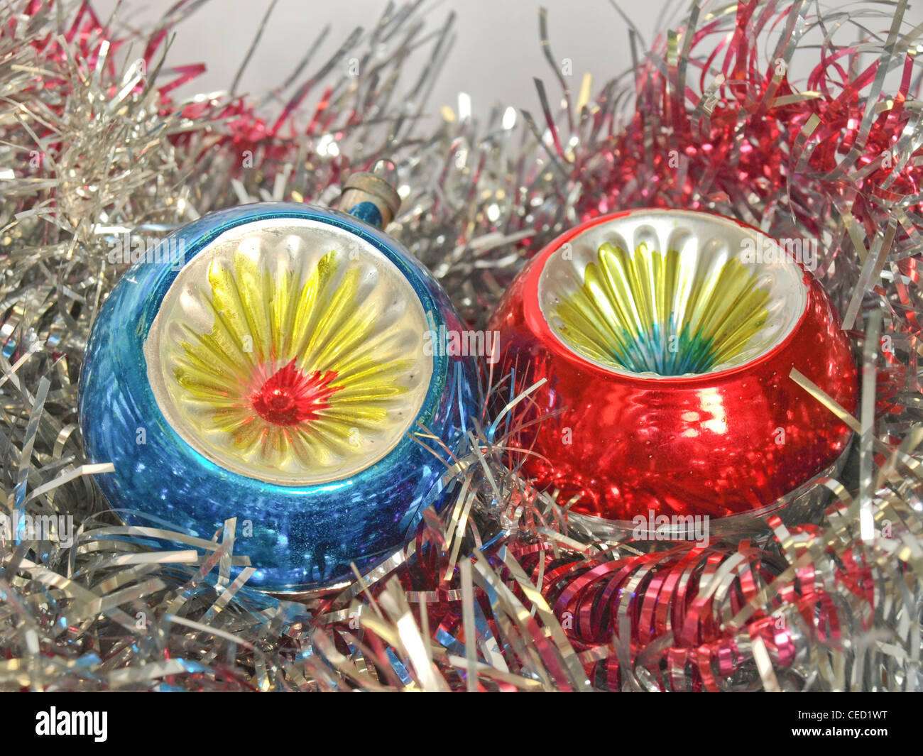 Tinsel and baubles for Christmas tree decoration Stock Photo