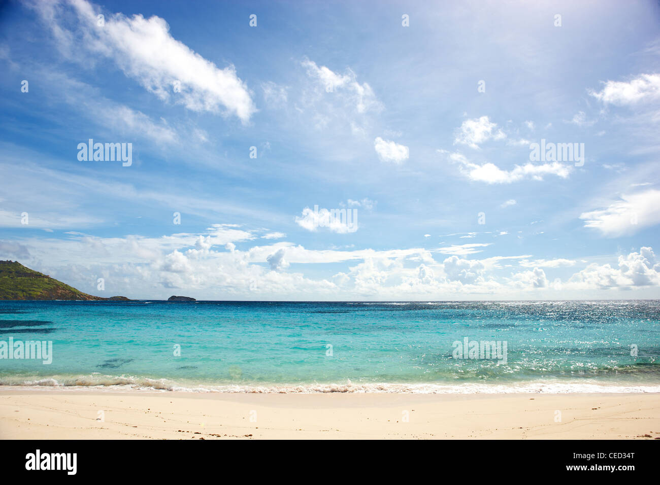 Island paradise beach private exclusive Mustique Caribbean palm trees secluded no people sky sand sea deserted sunny sunshine ocean hammock blue Stock Photo