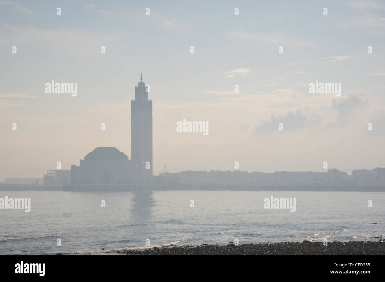 NORTH AFRICA, MOROCCO, Casablanca, Great Mosque Hassan II (1993), Islamic, contra jour in mist Stock Photo