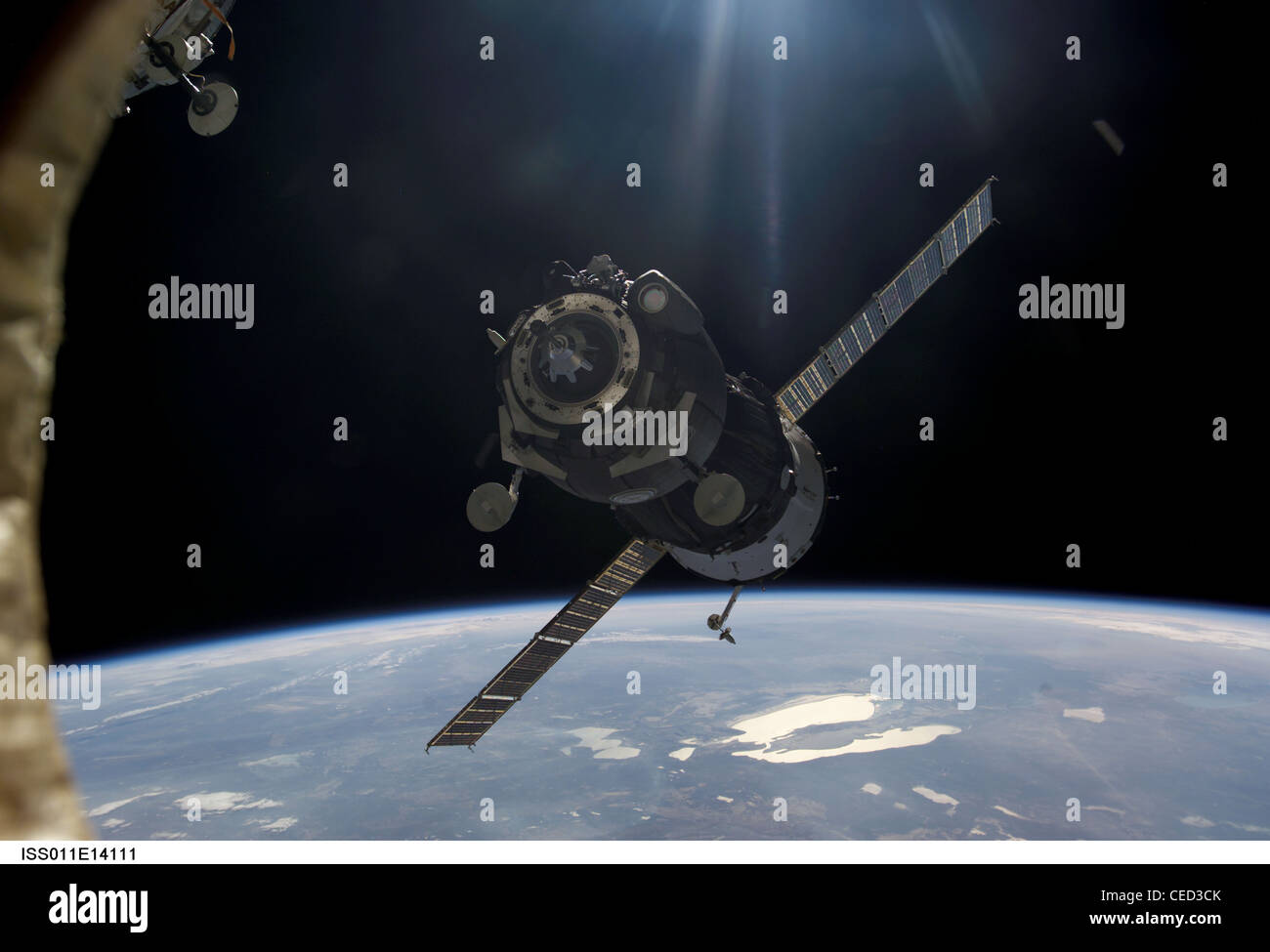 Soyuz TMA-7 spacecraft approaches the international space station. Stock Photo