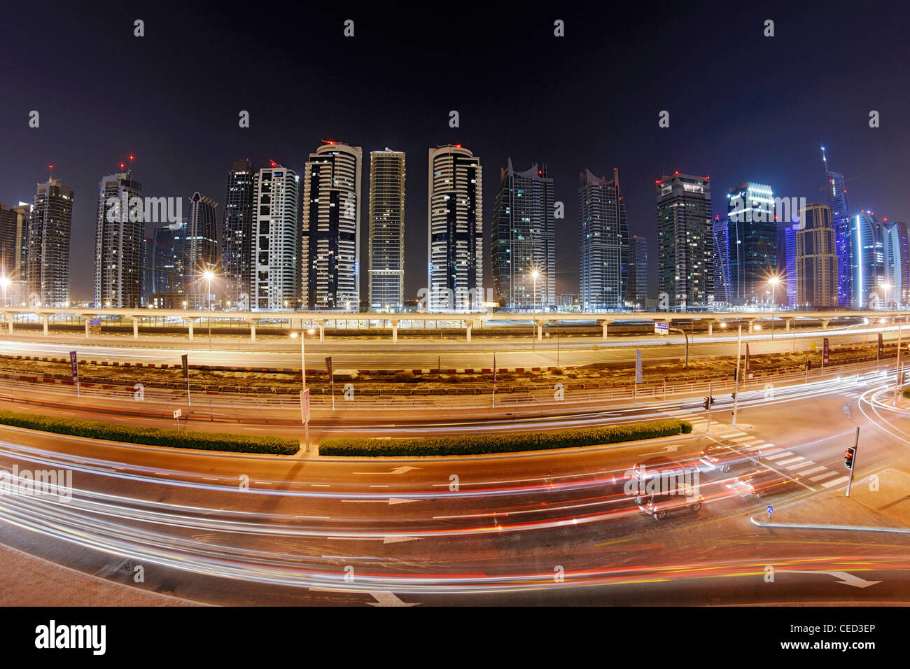 Sheikh Zayed Road by night, Dubai Marina, Dubai, United Arab Emirates, Middle East Stock Photo