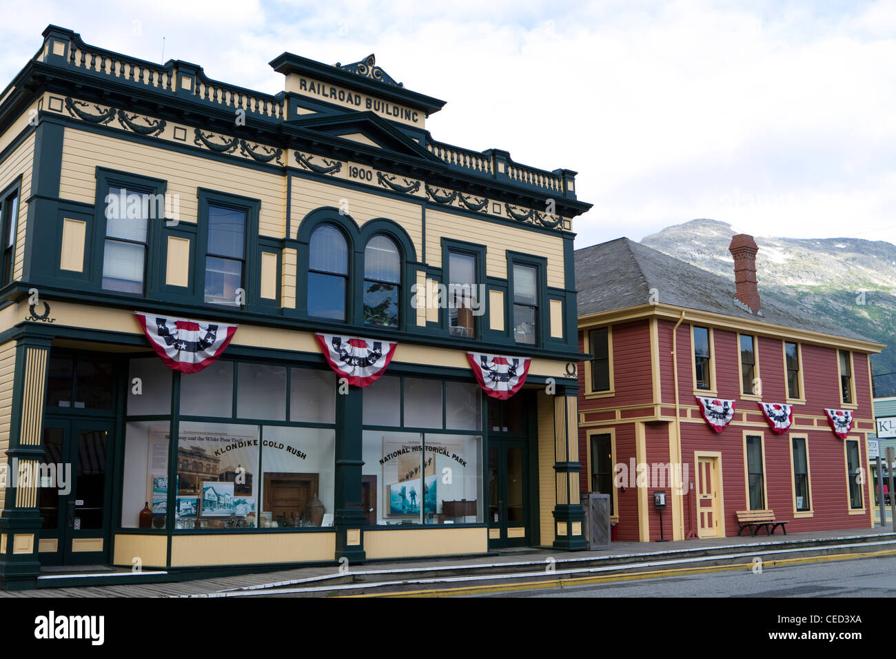 Railroad building in the historic town of Skagway, Alaska, USA Stock Photo