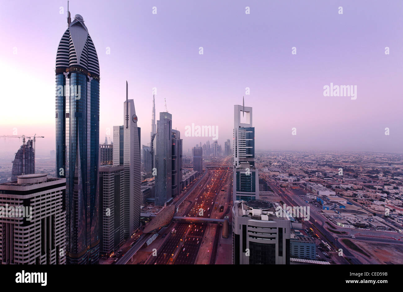 View of downtown Dubai, to the left ROSE RAYHAAN by Rotana, towers, skyscrapers, hotels, modern architecture, Sheikh Zayed Road Stock Photo