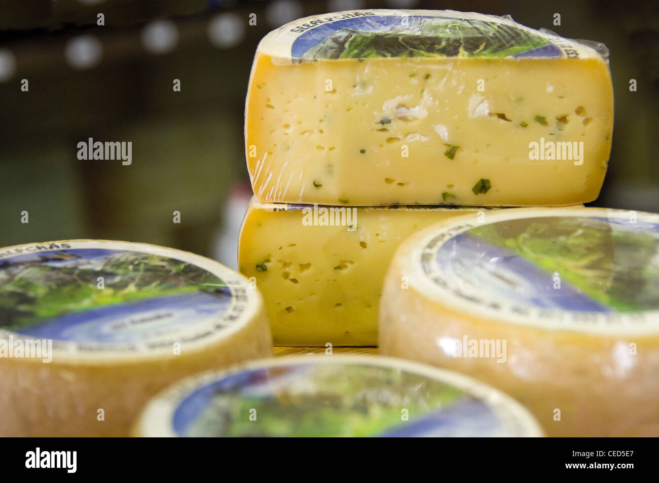 Horizontal close up of traditional Appenzeller cheese on display at a delicatessen Stock Photo