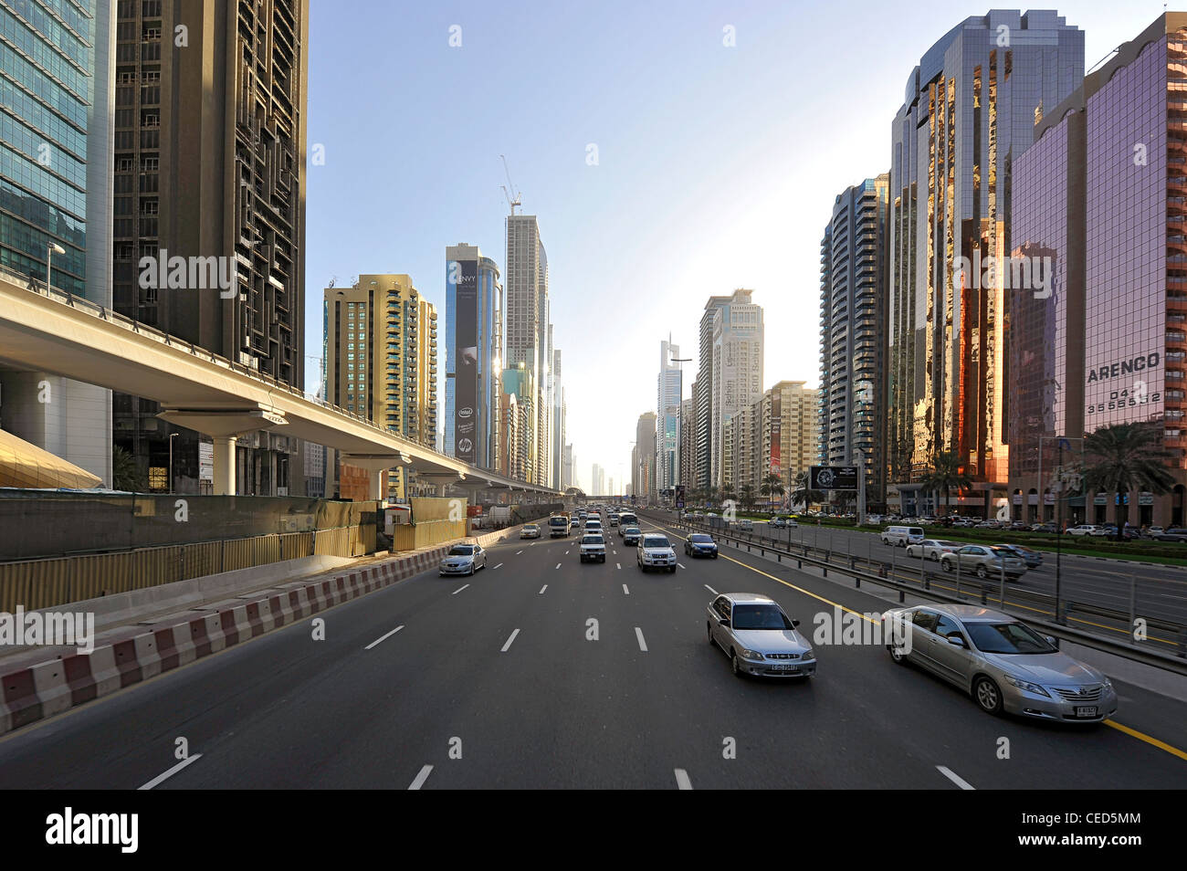 Traffic, Modern architecture, high-rise buildings, Sheikh Zayed Road, Downtown Dubai, Dubai, United Arab Emirates, Middle East Stock Photo