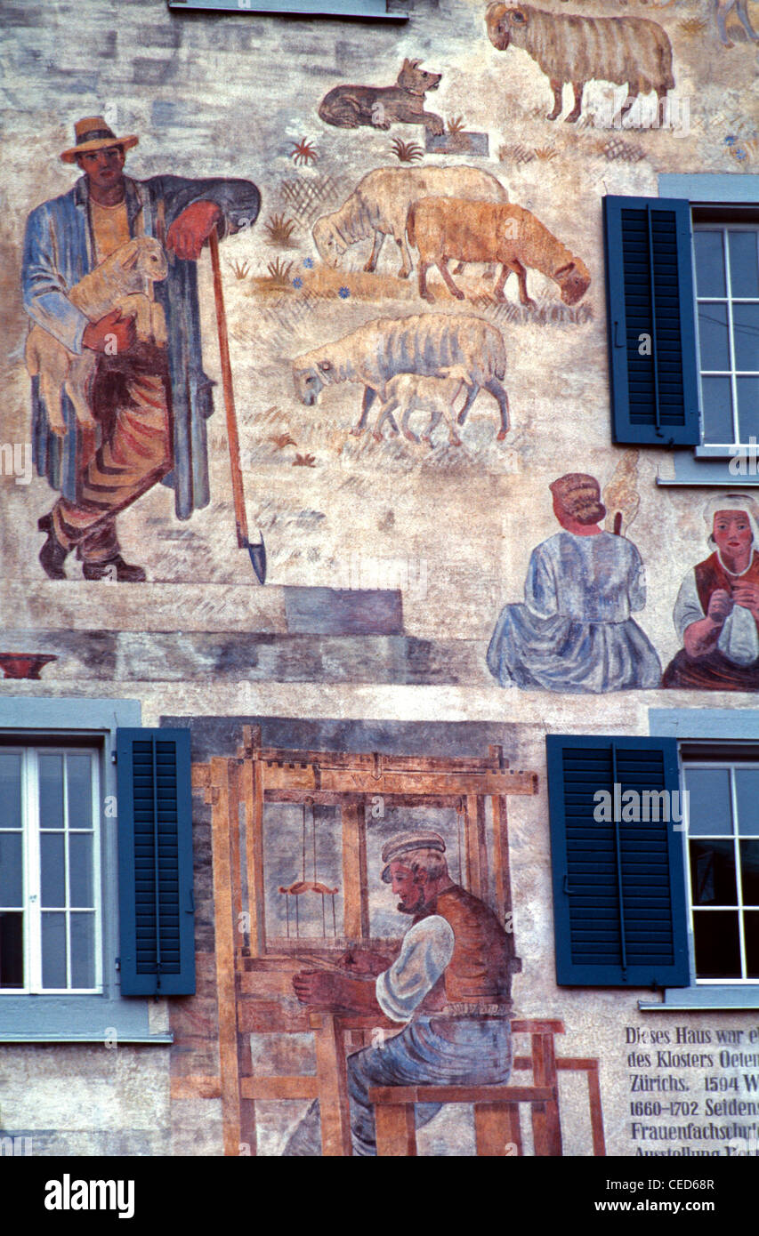 Decorated fresco painting on a residential building in Kreis 1 district or Altstadt old town  Zurich Switzerland Stock Photo