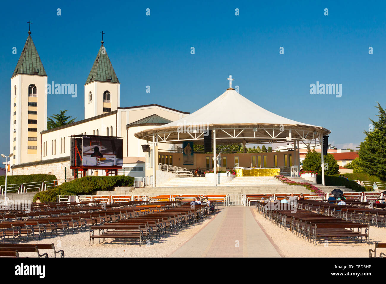 Church in holy place - Medugorje, Bosnia and Herzegovina. Balkans, Summer day. Stock Photo