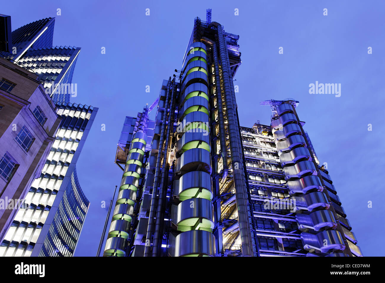 Modern architecture at dusk, Lloyd's, Lloyds Building, Tower by architect Richard Rogers, City of London, London, England Stock Photo