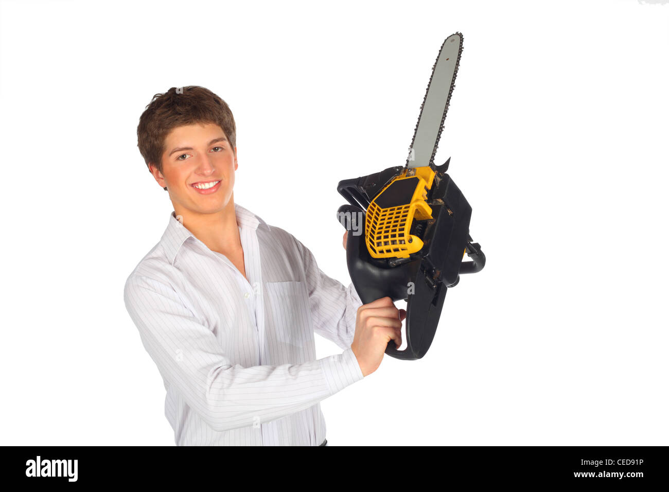 Young man shows chainsaw Stock Photo