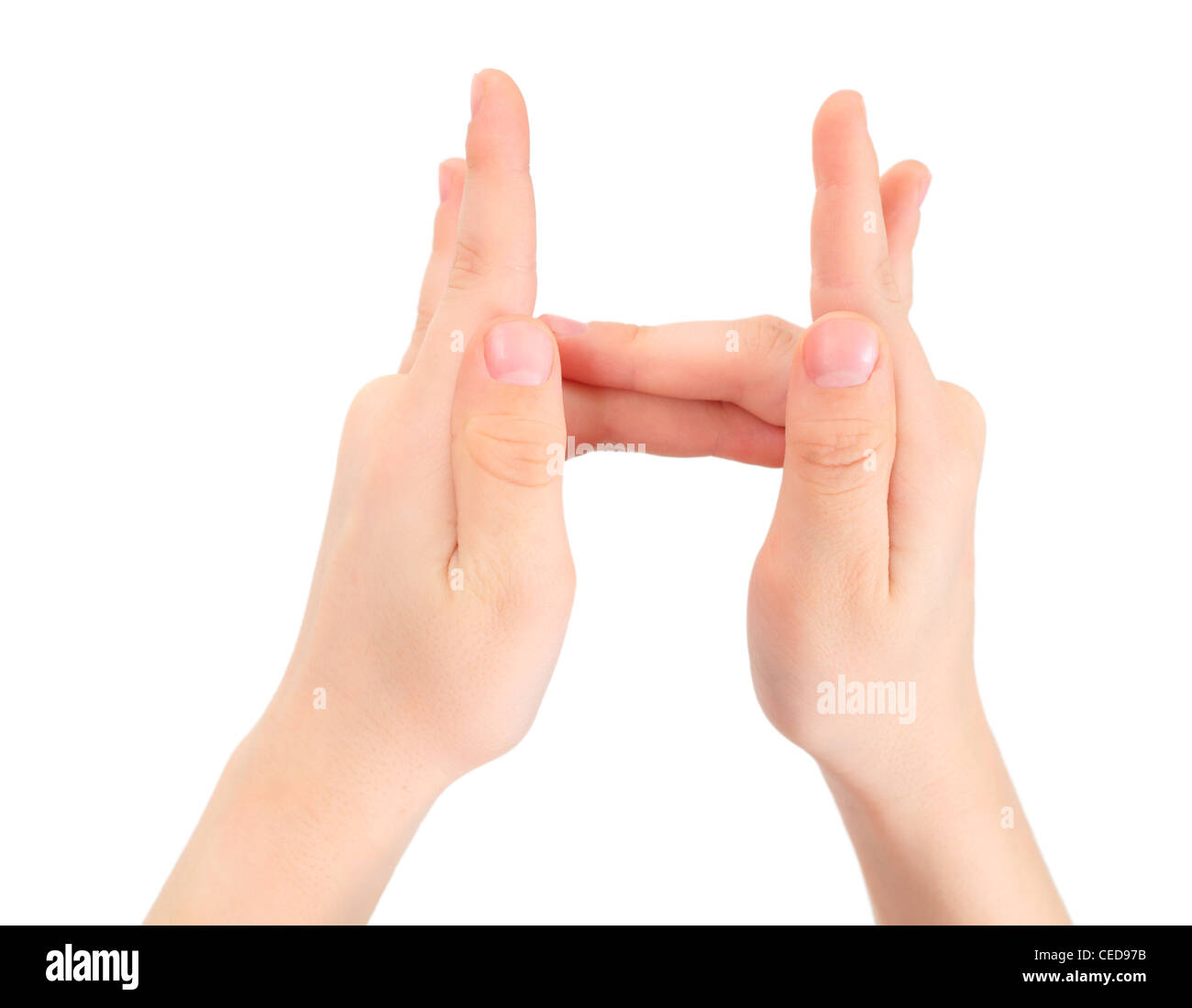childish hands represents letter H from alphabet Stock Photo