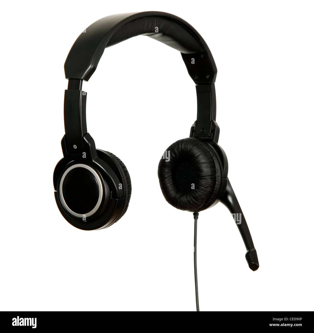 There is a black headphones with microphone Stock Photo