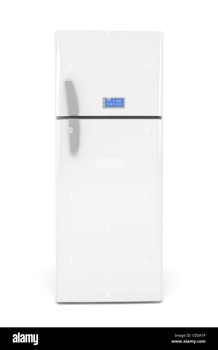 Front view of white modern fridge Stock Photo