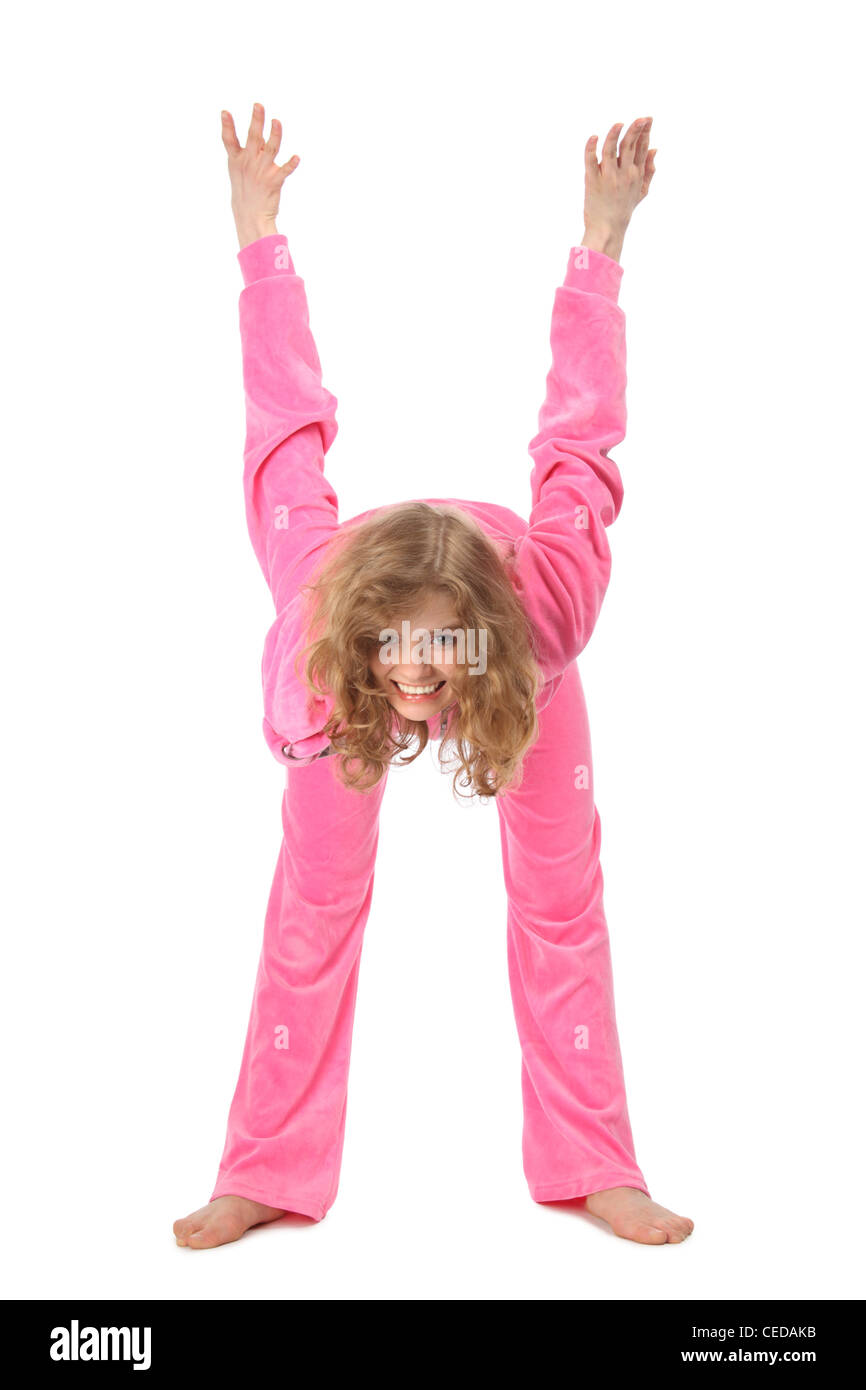 Girl in pink sport clothes represents letter H Stock Photo - Alamy