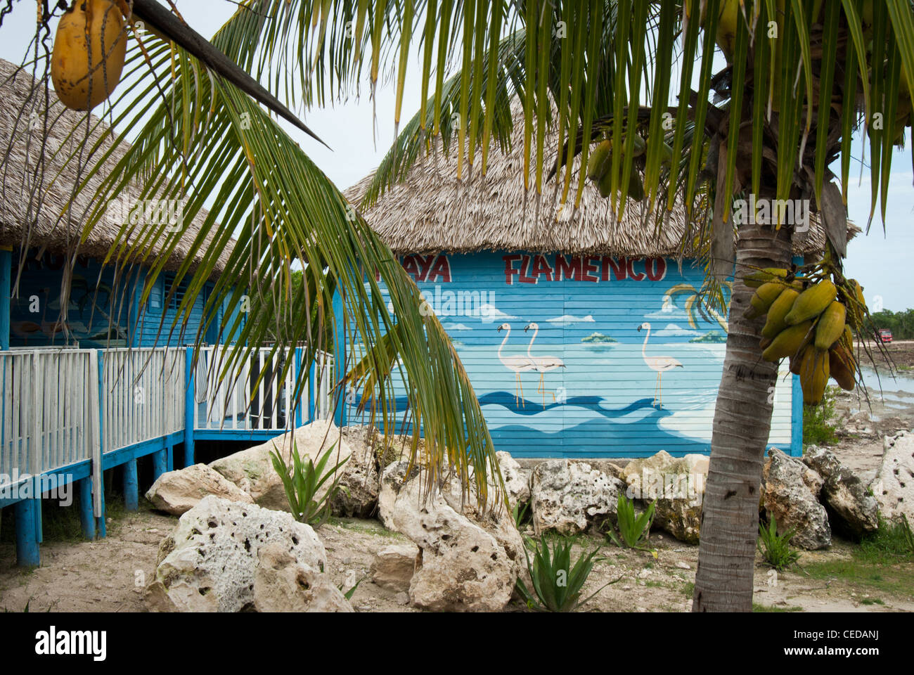 Writing on  a building: Playa Flamenco  Island of Cayo Coco, Ciego de Avila province, Cuba Stock Photo