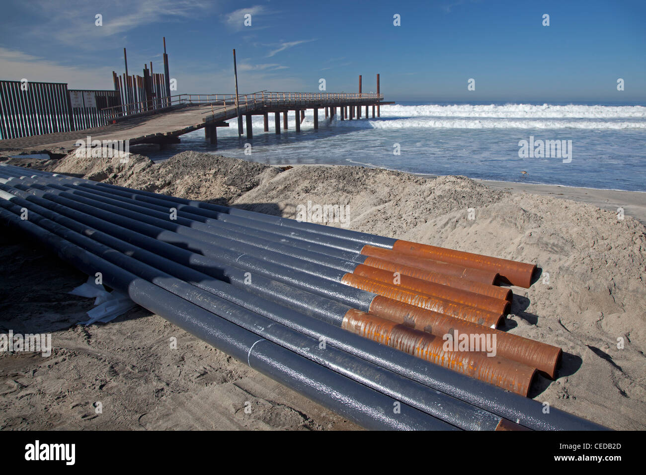 U.S.-Mexico Border Fence Construction Project at Pacific Ocean Stock Photo