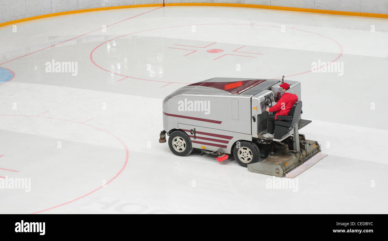 hockey stadium with machine for resurfacing ice Stock Photo