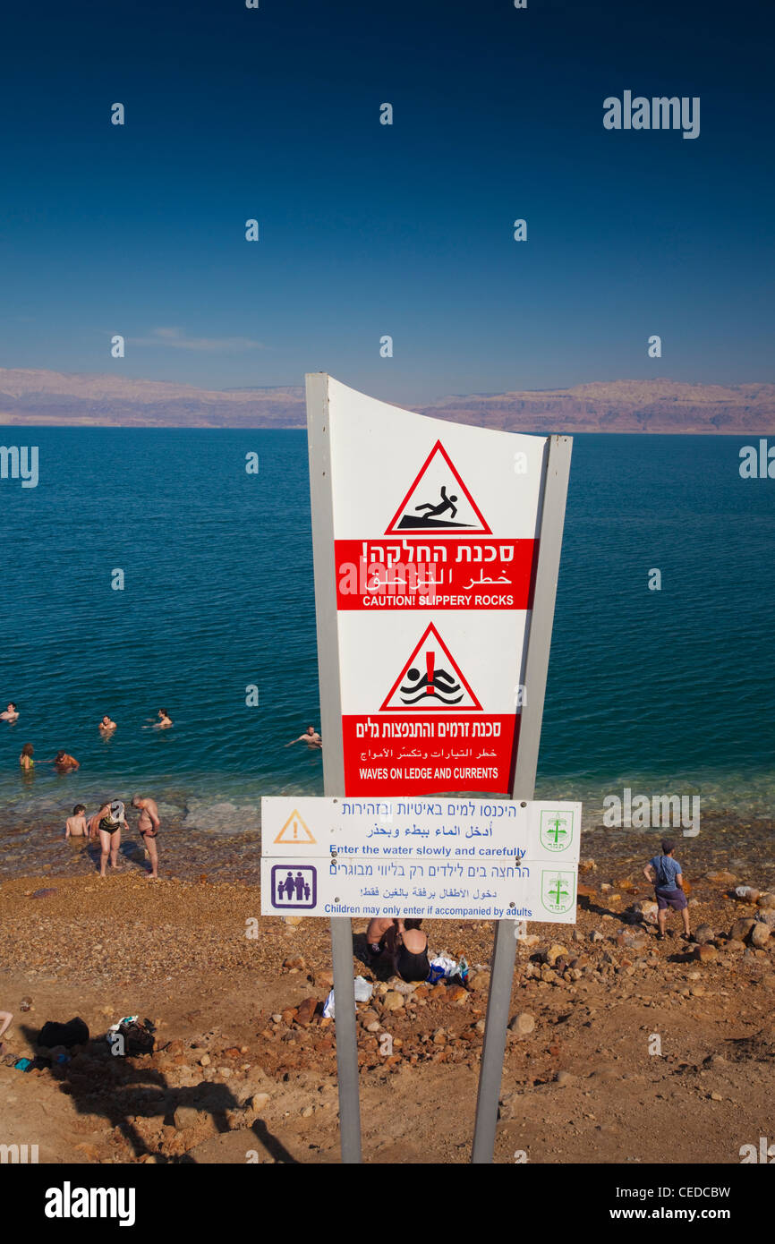 Israel, Dead Sea, Ein Gedi, Ein Gedi Beach, sign Stock Photo