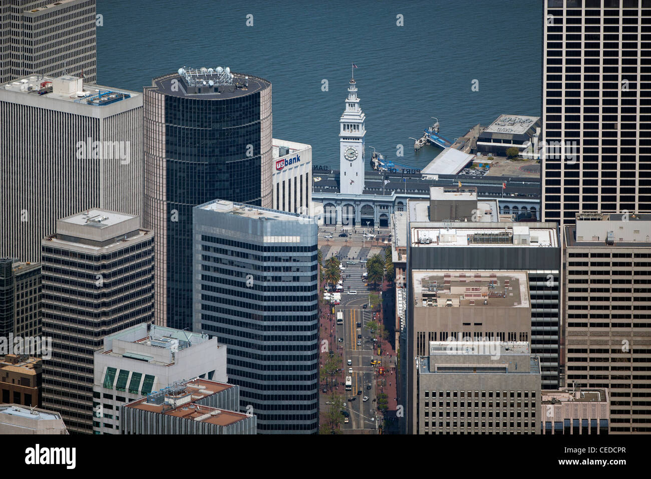 aerial photograph office towers Market Street Ferry building San Francisco Stock Photo