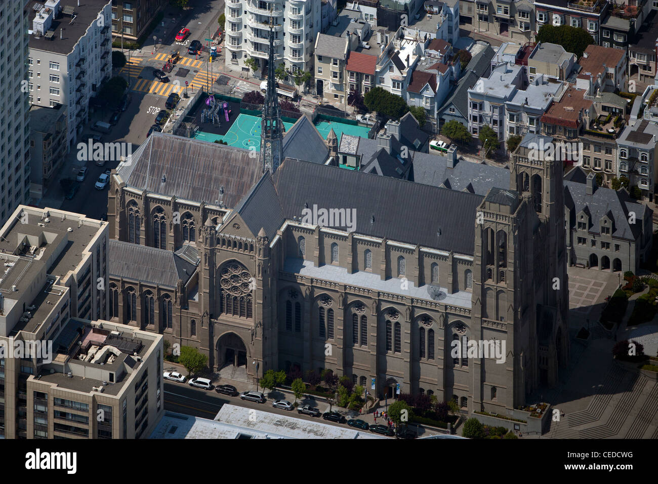 aerial photograph Grace Cathedral Nob Hill residential neighborhood San Francisco California Stock Photo