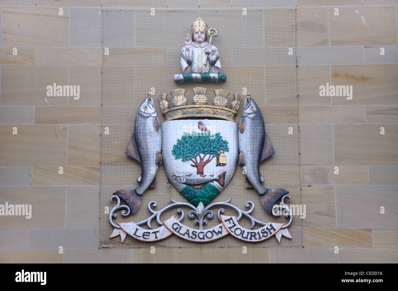 The Glasgow coat of arms, 'Let Glasgow Flourish' on the wall of the