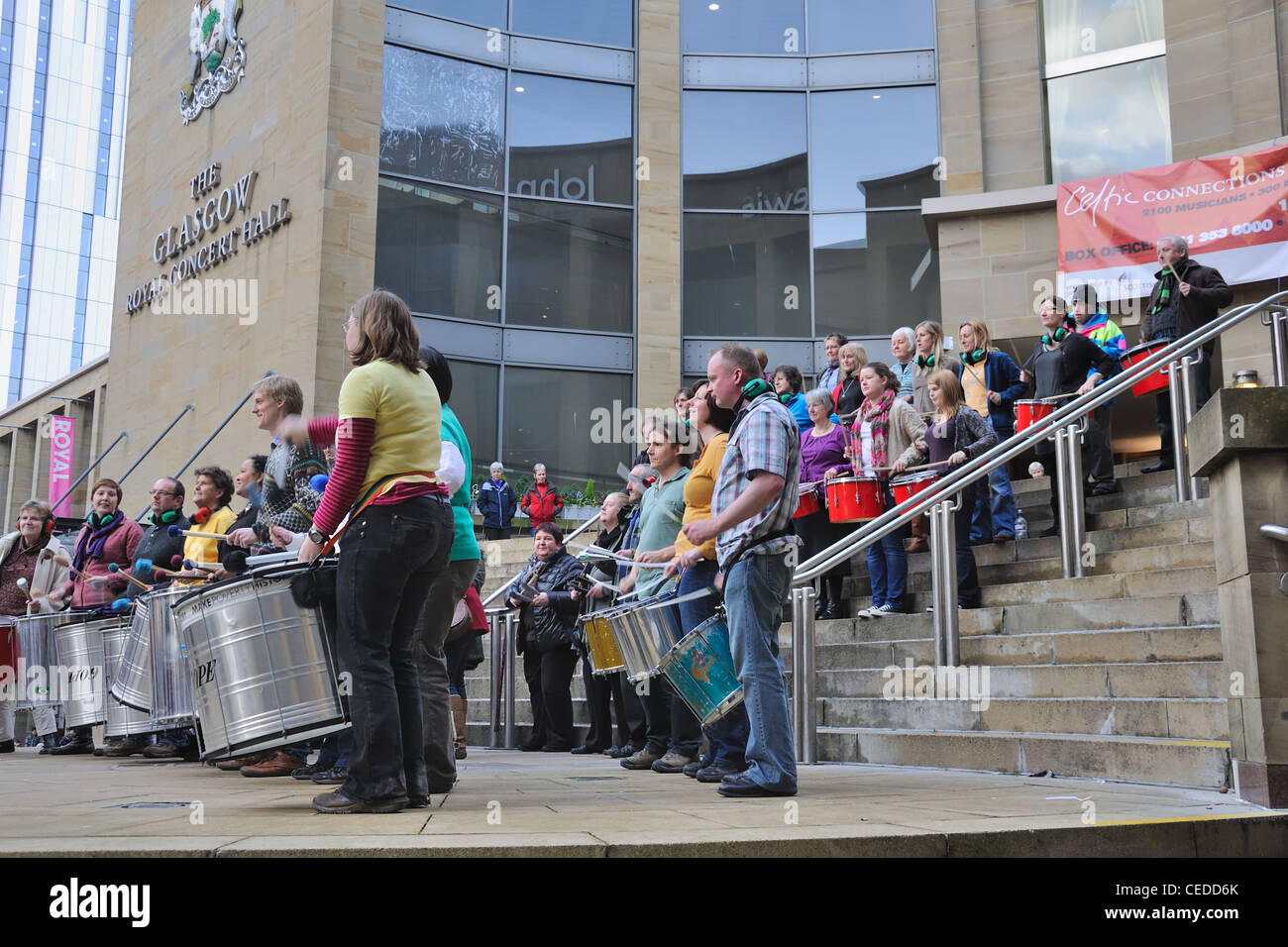Celtic Connections drum workshop gives demonstration on the steps of the Royal Concert Hall Glasgow Stock Photo