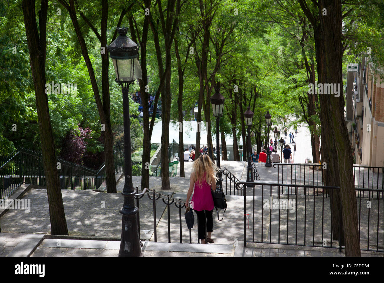 Steps leading down from near Basilique du Sacre Coeur by Square Willetts in the Montmartre district of Paris Stock Photo