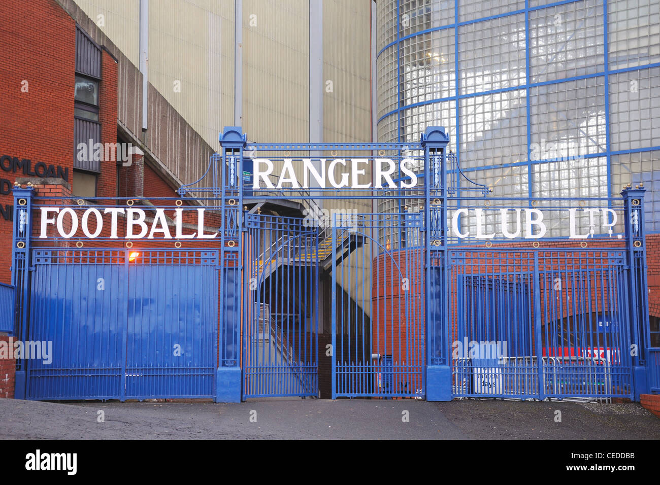 Glasgow Rangers football club blue gates of Ibrox stadium Stock Photo