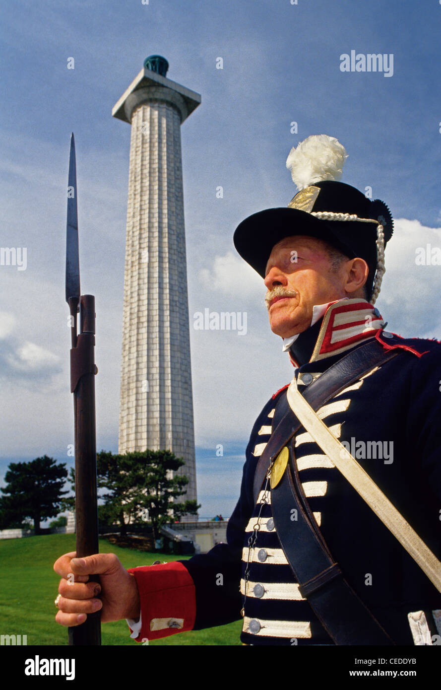 War of 1812 historical re-enactor at Perry Peace Memorial on South Bass Island, Ohio, in Lake Erie. Stock Photo