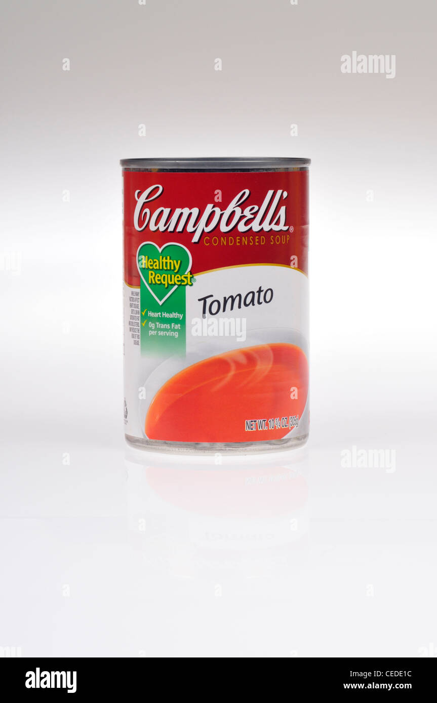 Unopened can of Campbells healthy request tomato soup on white background isolate USA. Stock Photo