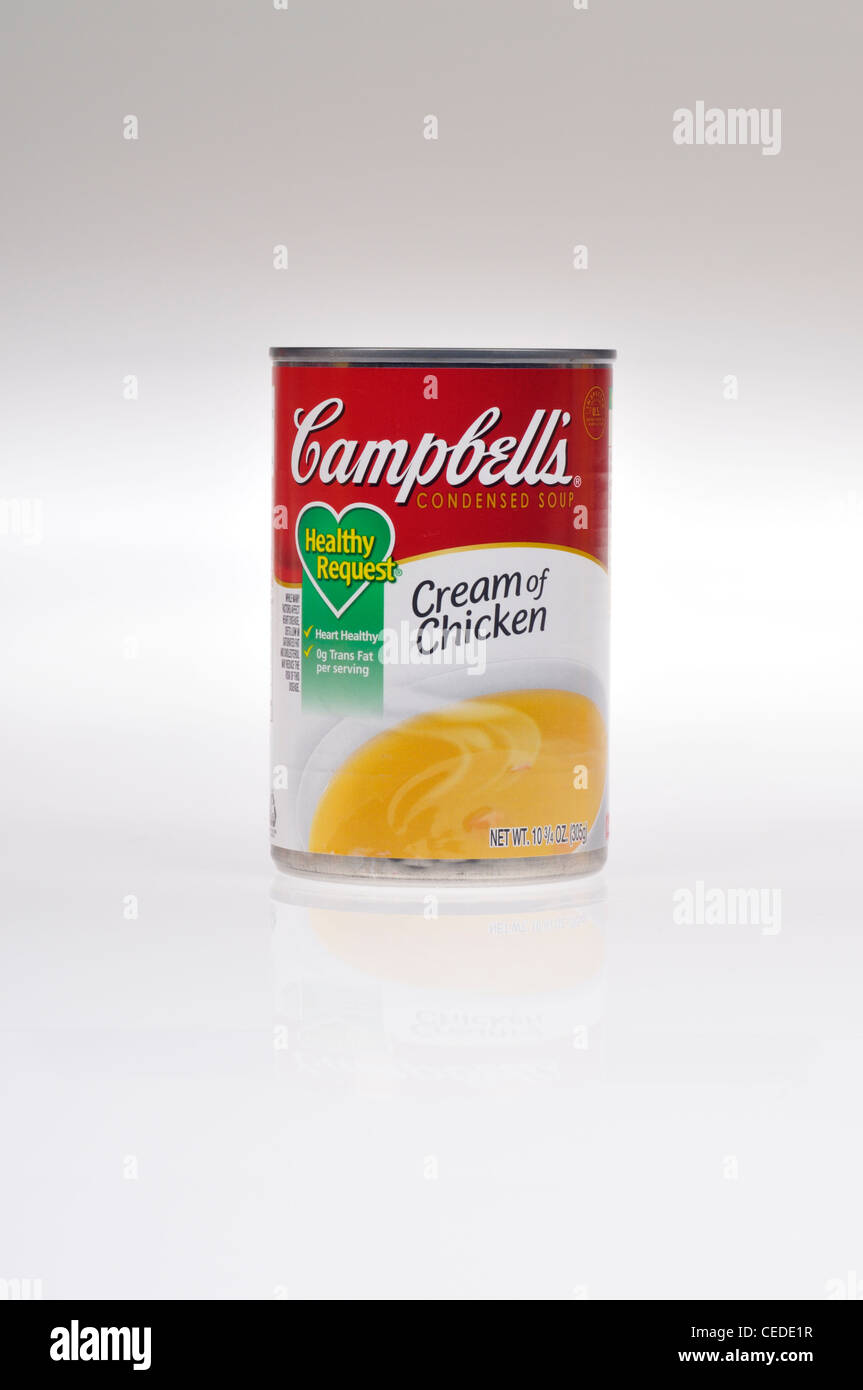 Unopened can of Campbells Healthy Request cream of chicken soup on white background isolate USA. Stock Photo
