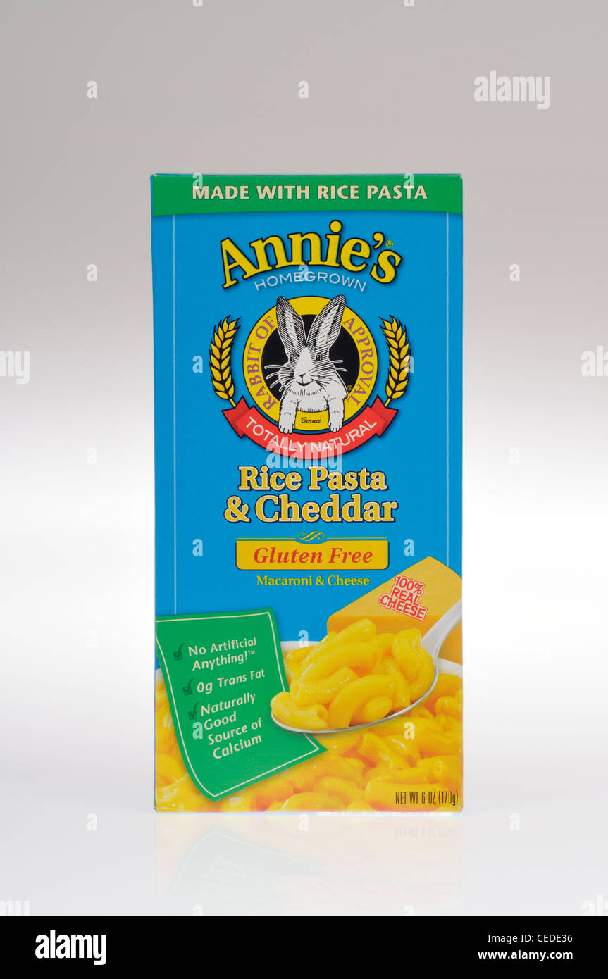 Box of Annie's Homegrown gluten-free natural macaroni and cheddar cheese rice pasta on white background, cutout. USA. Stock Photo