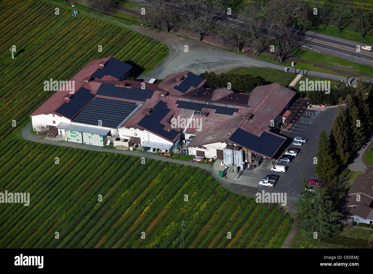 aerial photograph solar panels Napa County vineyard, California Stock Photo