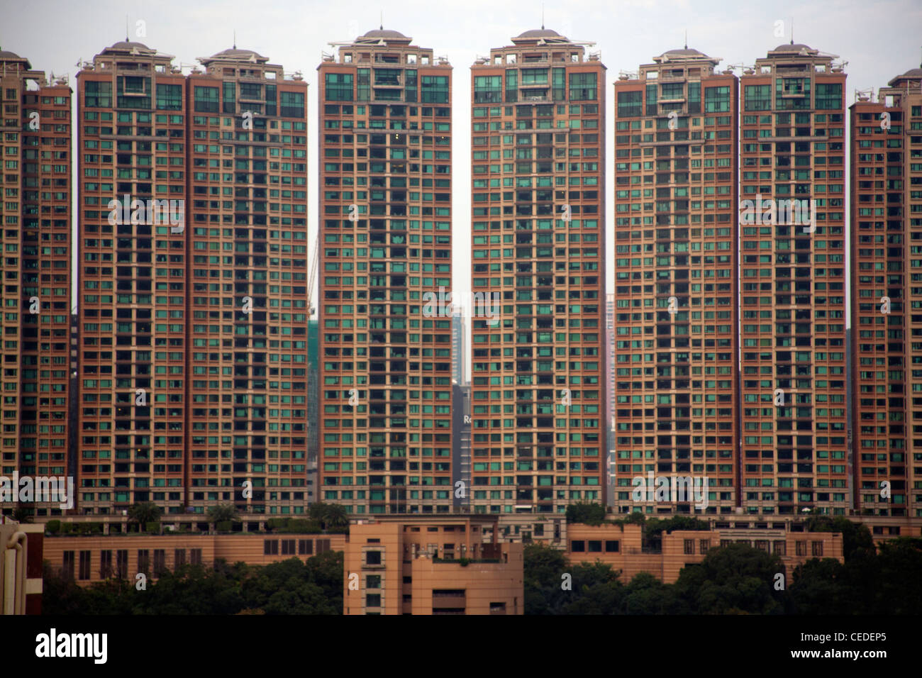 Uniform apartment blocks in a housing complex, New Territories, Hong