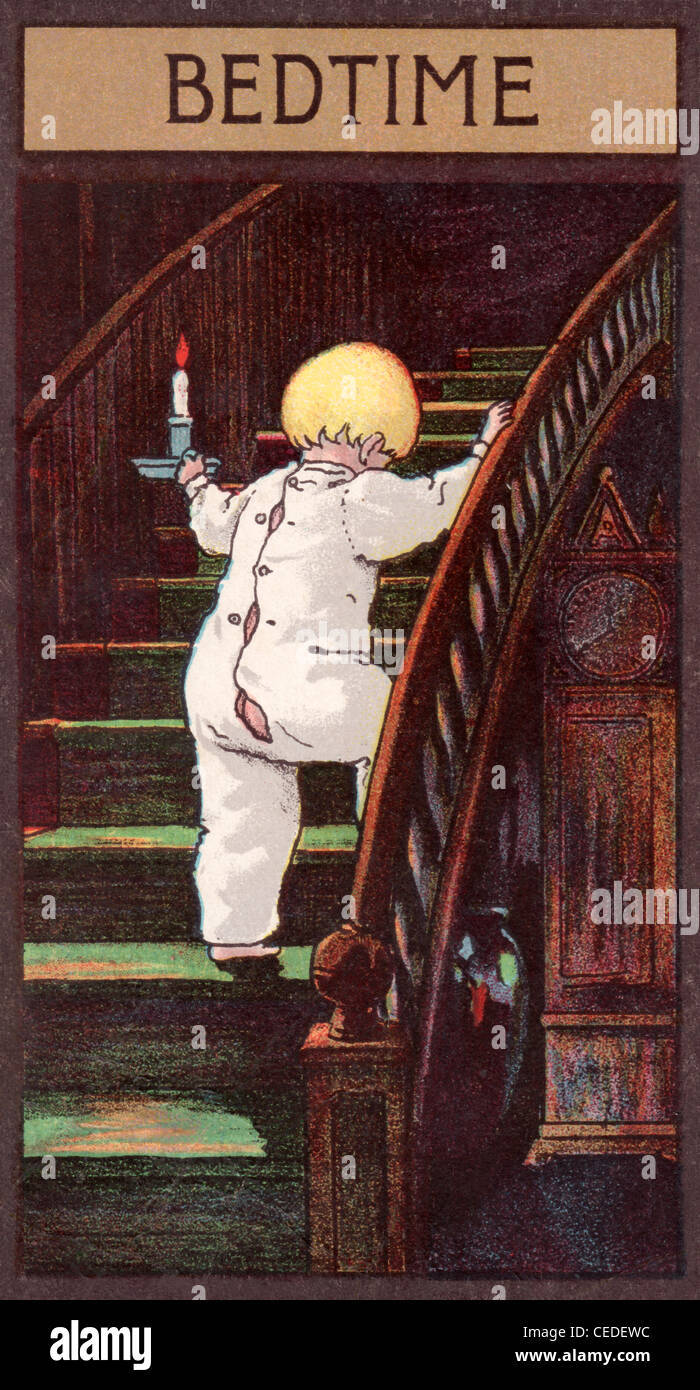 1906 illustration of 'BEDTIME' with a child climbing the stairway to go up to bed. Stock Photo
